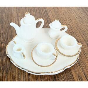 Vtg Porcelain Dollhouse Tea Set Tray Teapot Creamer Sugar Bowl 2 Cups 2 Saucers